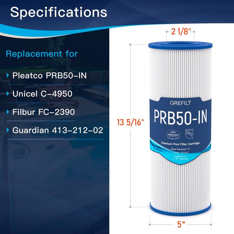 Grefilt Store فلتر حوض الاستحمام C-4950 متوافق مع فلتر PRB50-IN، فلتر Filbur FC-2390، بديل فلتر جاكوزي لجهاز J200، Guardian 413-212-02، 5X13 قابل للإدخال، 50 قدم مربع، عبوة 2 - Image 2
